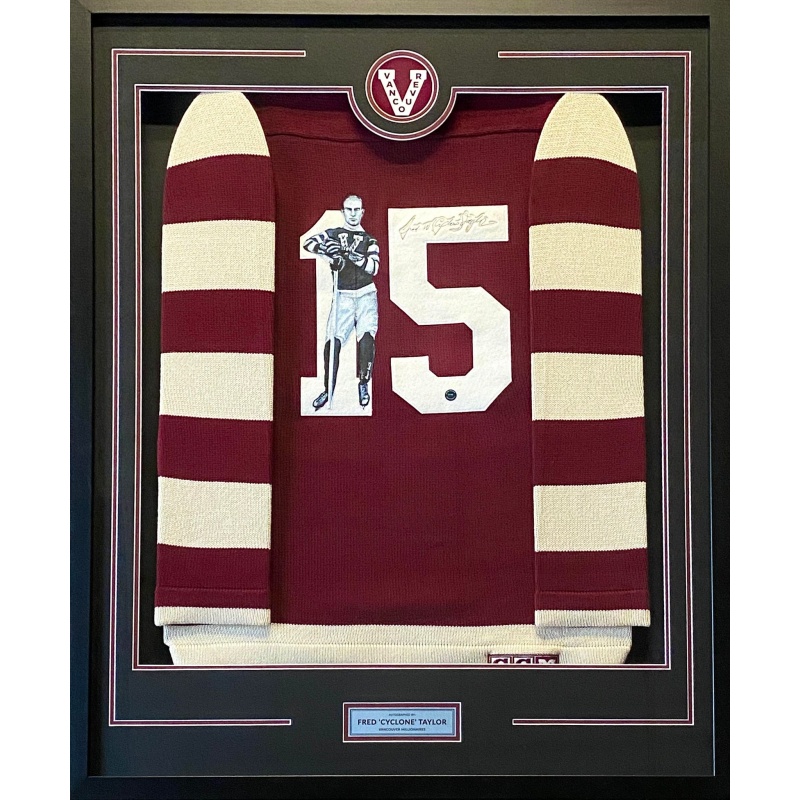 DELUXE FRAMED Cyclone Fred Taylor (deceased 1979) Signed & Hand Painted Custom 1/1 Vancouver Millionaires Vintage Wool Jersey
