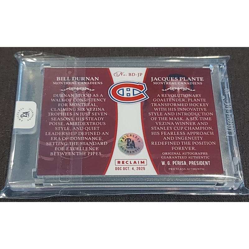 1/1 BILL DURNAN & JACQUES PLANTE Montreal Canadiens DUAL AUTO CARD
