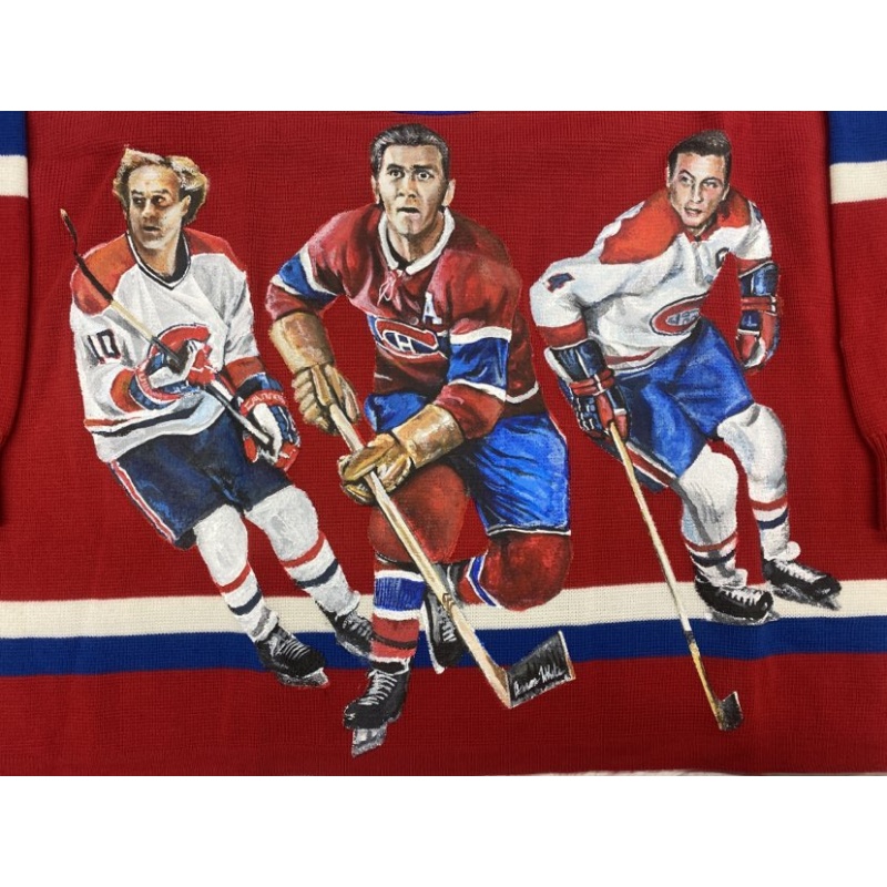 LAFLEUR   RICHARD   BELIVEAU Triple Signed Montreal Canadiens HAND PAINTED 1/1 Vintage Wool Red Jersey