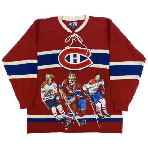 LAFLEUR   RICHARD   BELIVEAU Triple Signed Montreal Canadiens HAND PAINTED 1/1 Vintage Wool Red Jersey