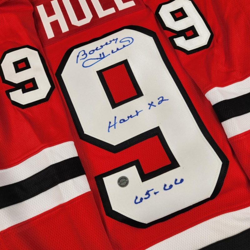 Bobby HULL Signed Chicago Blackhawks "Hart x2 65-66" Fanatics Red Jersey
