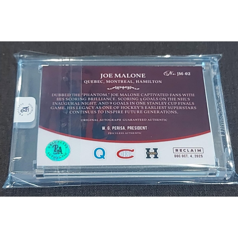 1/1 "PHANTON" JOE MALONE AUTO & Inscribed "Quebec Canadiens Hamilton" AUTO CARD