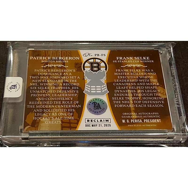 1/1 PATRICE BERGERON & FRANK SELKE Boston Bruins DUAL AUTO Card